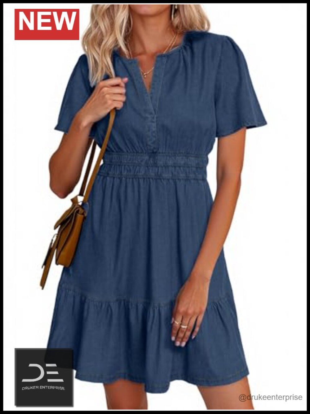 Womens Summer Denim Dress Short Sleeve Tiered Mini Jean Dress with Pockets